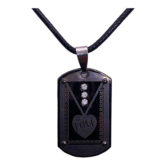 Faux Leather Chain BLACK Gun Metal Dog Tag Love Pendant Rhinestone Necklace - Picture 1 of 6